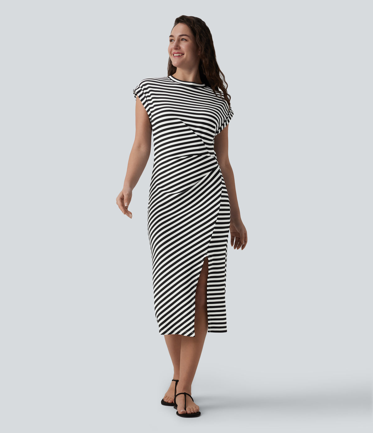 Round Neck Short Sleeve Asymmetrical Split Hem Stripes Waffle Casual Midi T-Shirt Dress — Black White Horizontal Stripe — view 1
