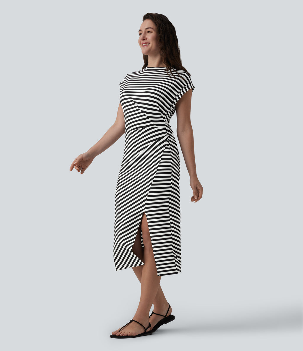 Round Neck Short Sleeve Asymmetrical Split Hem Stripes Waffle Casual Midi T-Shirt Dress — Black White Horizontal Stripe — view 3