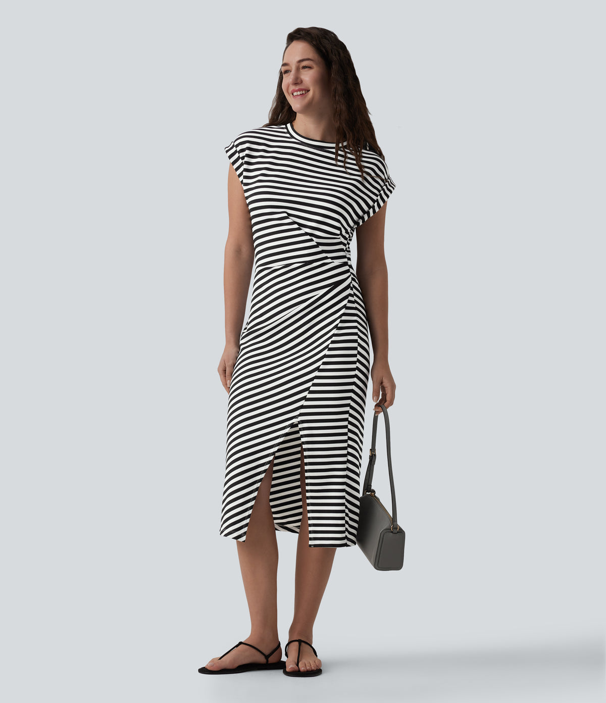 Round Neck Short Sleeve Asymmetrical Split Hem Stripes Waffle Casual Midi T-Shirt Dress — Black White Horizontal Stripe — view 6