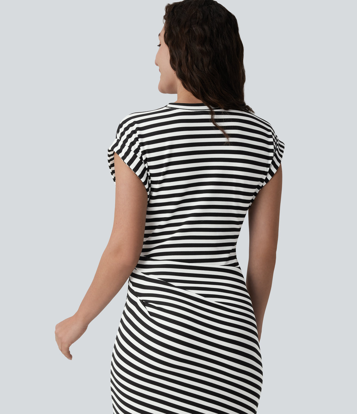 Round Neck Short Sleeve Asymmetrical Split Hem Stripes Waffle Casual Midi T-Shirt Dress — Black White Horizontal Stripe — view 5
