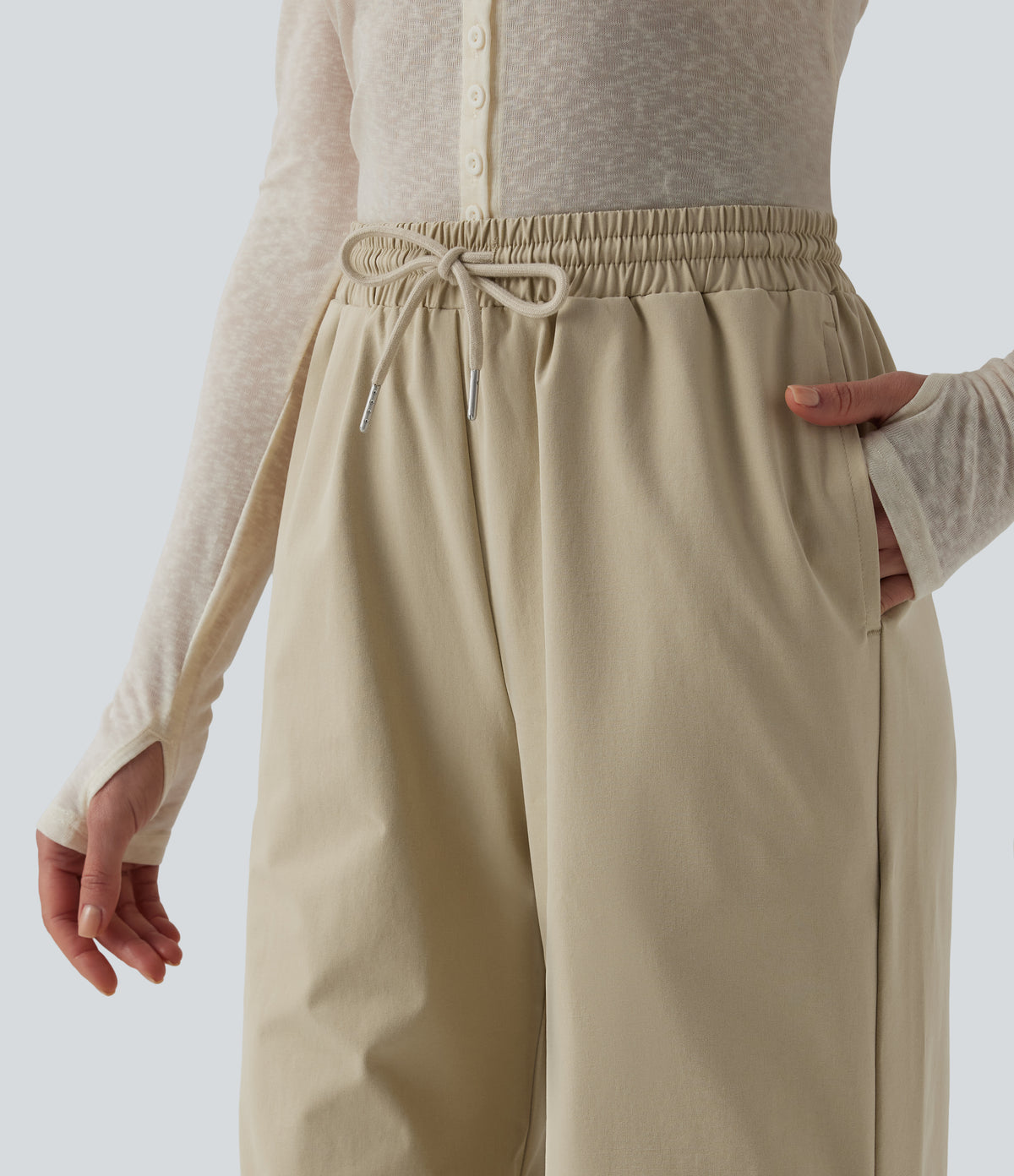 Mid Rise Drawstring Ruched Baggy Stretchy Poplin Casual Parachute Trousers with Pockets — Fields of Rye — view 4
