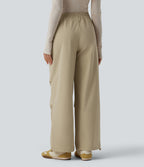 Mid Rise Drawstring Ruched Baggy Stretchy Poplin Casual Parachute Trousers with Pockets — Fields of Rye — view 2