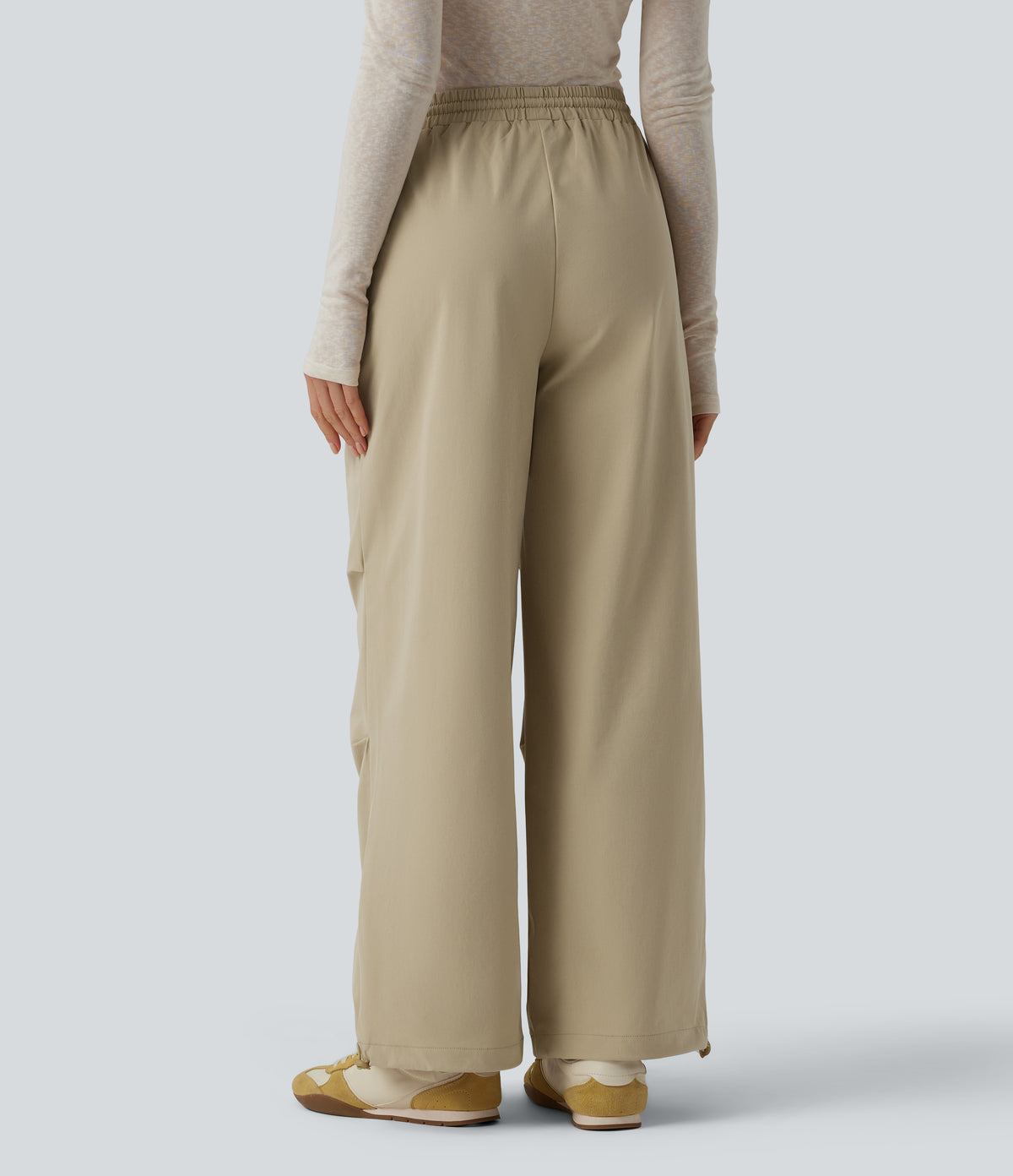 Mid Rise Drawstring Ruched Baggy Stretchy Poplin Casual Parachute Trousers with Pockets — Fields of Rye — view 2