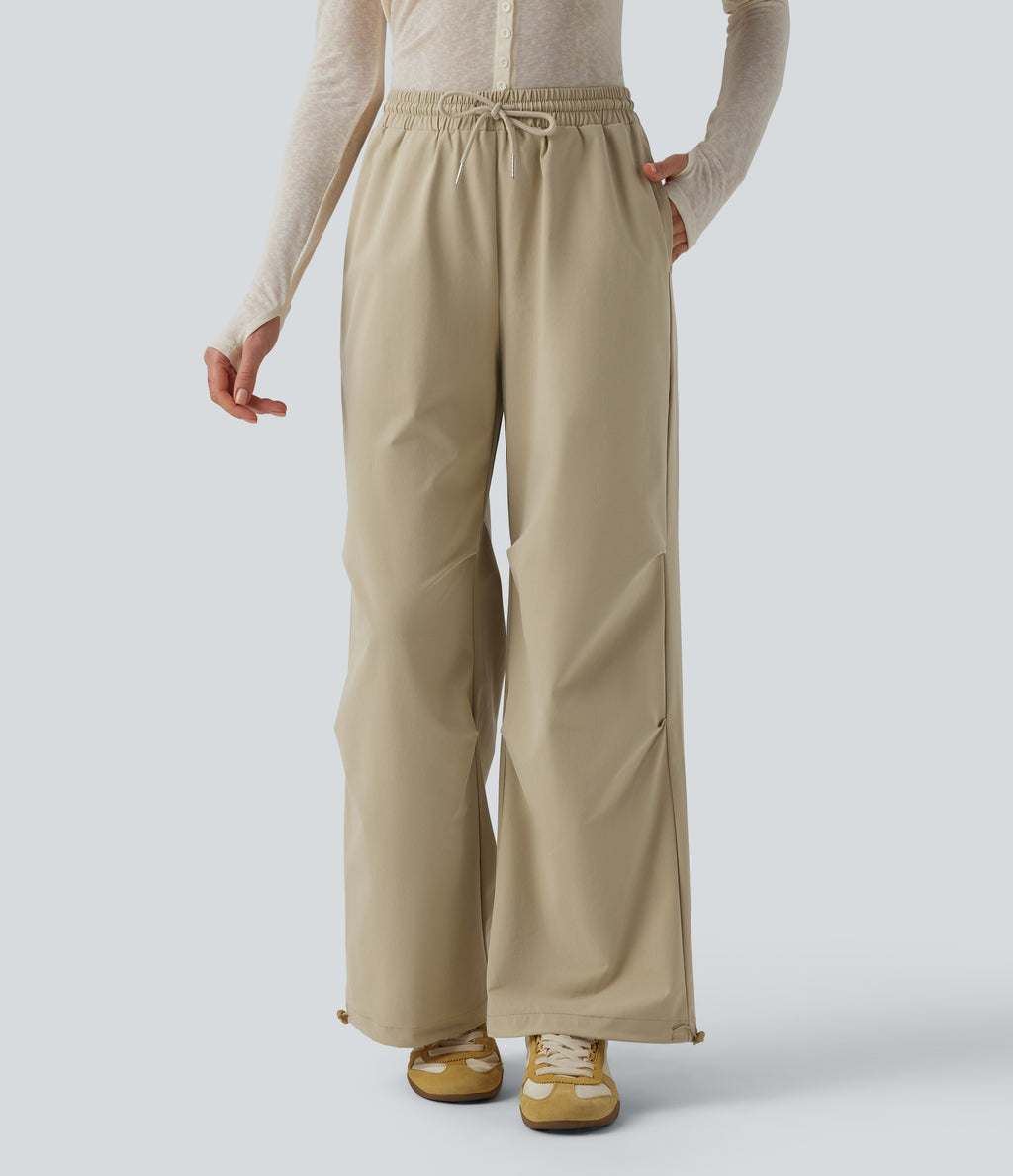 Mid Rise Drawstring Ruched Baggy Stretchy Poplin Casual Parachute Trousers with Pockets — Fields of Rye — view 3