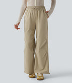 Mid Rise Drawstring Ruched Baggy Stretchy Poplin Casual Parachute Trousers with Pockets — Fields of Rye — view 3