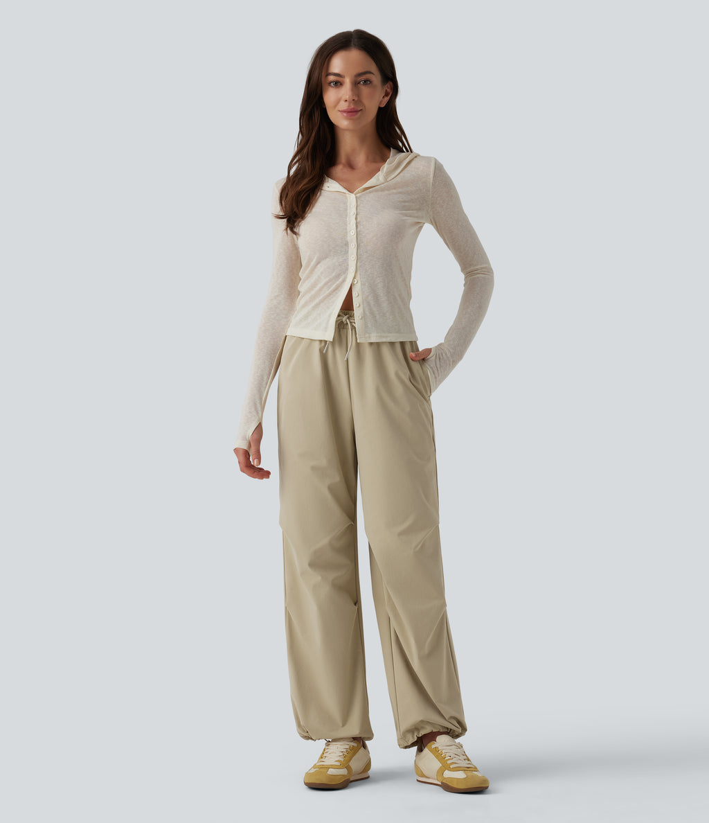 Mid Rise Drawstring Ruched Baggy Stretchy Poplin Casual Parachute Trousers with Pockets — Fields of Rye — view 6