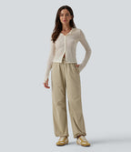 Mid Rise Drawstring Ruched Baggy Stretchy Poplin Casual Parachute Trousers with Pockets — Fields of Rye — view 6