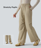 Mid Rise Drawstring Ruched Baggy Stretchy Poplin Casual Parachute Trousers with Pockets — Fields of Rye — view 1