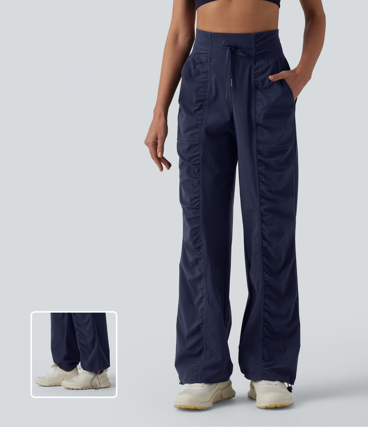 High Waisted Drawstring Ruched Quick Dry Running Straight Leg Trousers with Pockets — Peacoat — view 1
