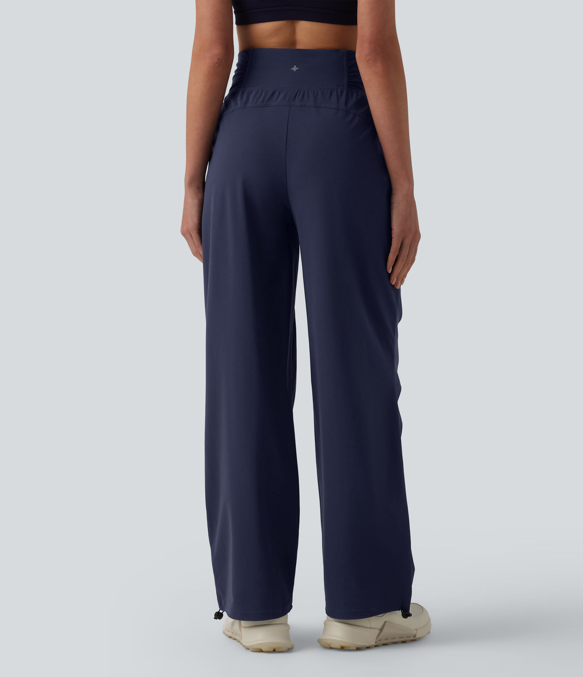 High Waisted Drawstring Ruched Quick Dry Running Straight Leg Trousers with Pockets — Peacoat — view 2