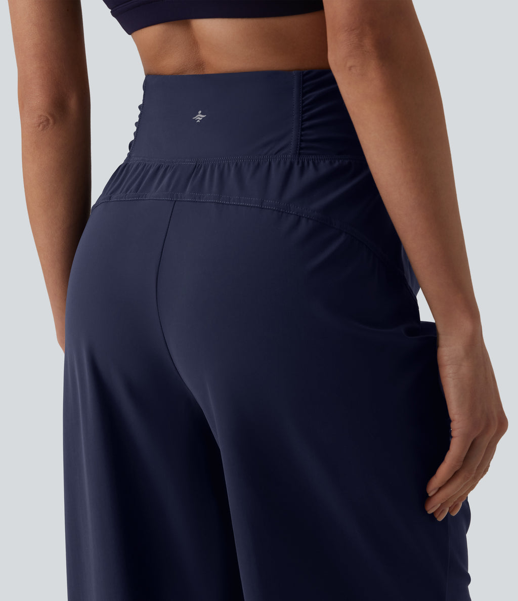 High Waisted Drawstring Ruched Quick Dry Running Straight Leg Trousers with Pockets — Peacoat — view 5