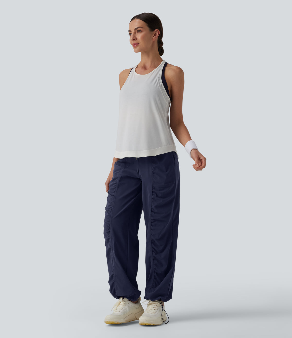 High Waisted Drawstring Ruched Quick Dry Running Straight Leg Trousers with Pockets — Peacoat — view 7