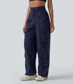 High Waisted Drawstring Ruched Quick Dry Running Straight Leg Trousers with Pockets — Peacoat — view 3