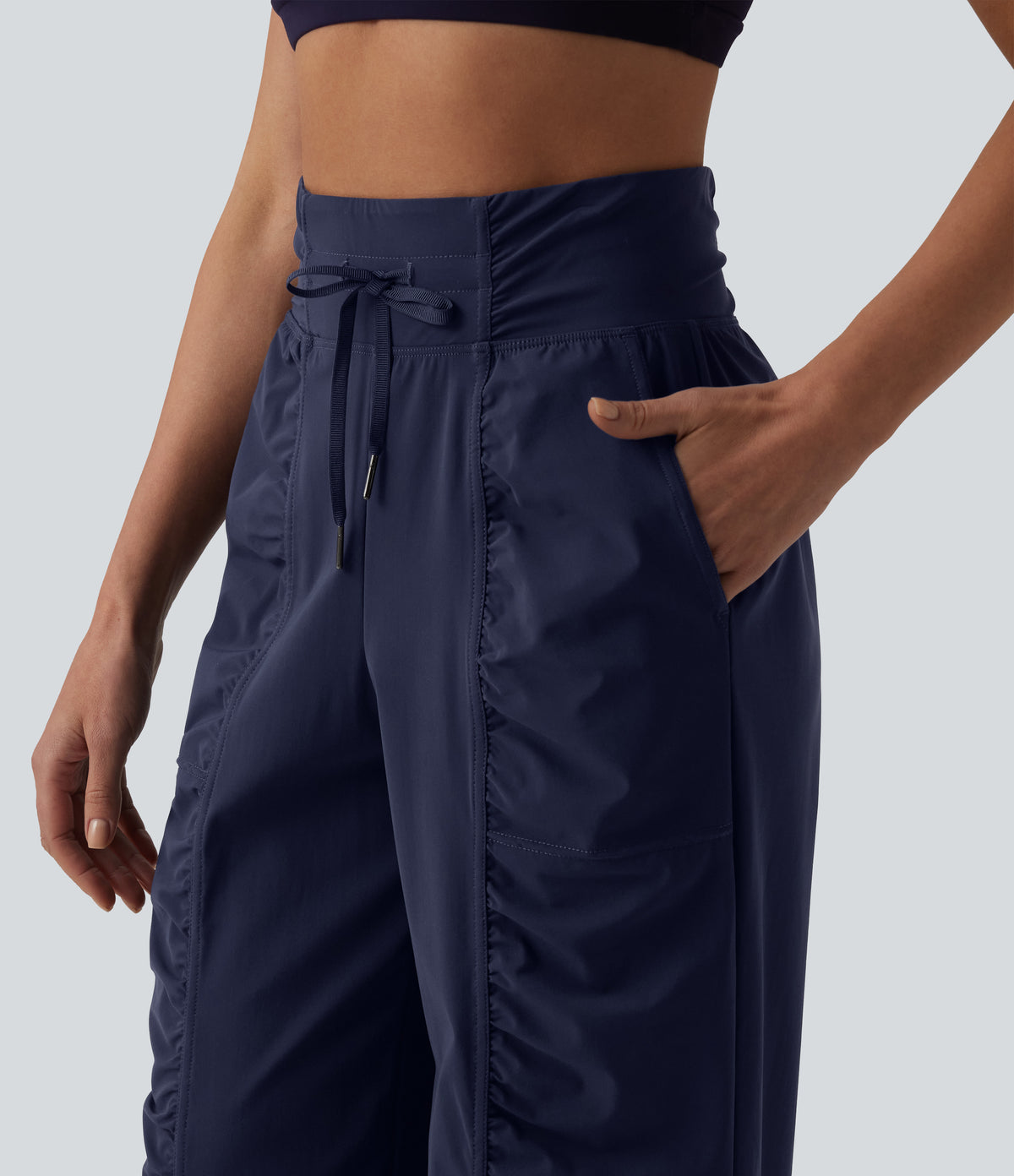 High Waisted Drawstring Ruched Quick Dry Running Straight Leg Trousers with Pockets — Peacoat — view 4