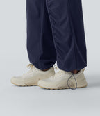 High Waisted Drawstring Ruched Quick Dry Running Straight Leg Trousers with Pockets — Peacoat — view 6