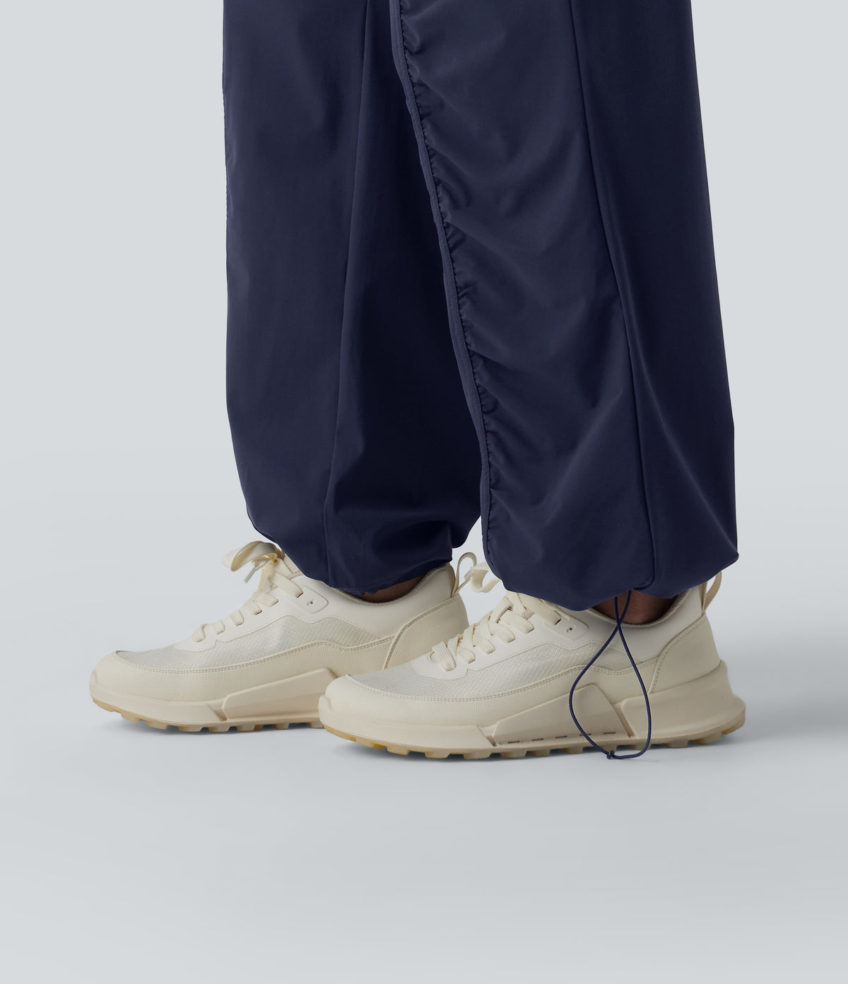 High Waisted Drawstring Ruched Quick Dry Running Straight Leg Trousers with Pockets — Peacoat — view 6