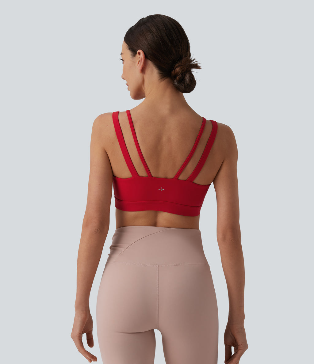 Airy Low Support Double Straps Backless InstantCool Yoga Sports Bra — Mars Red — view 2