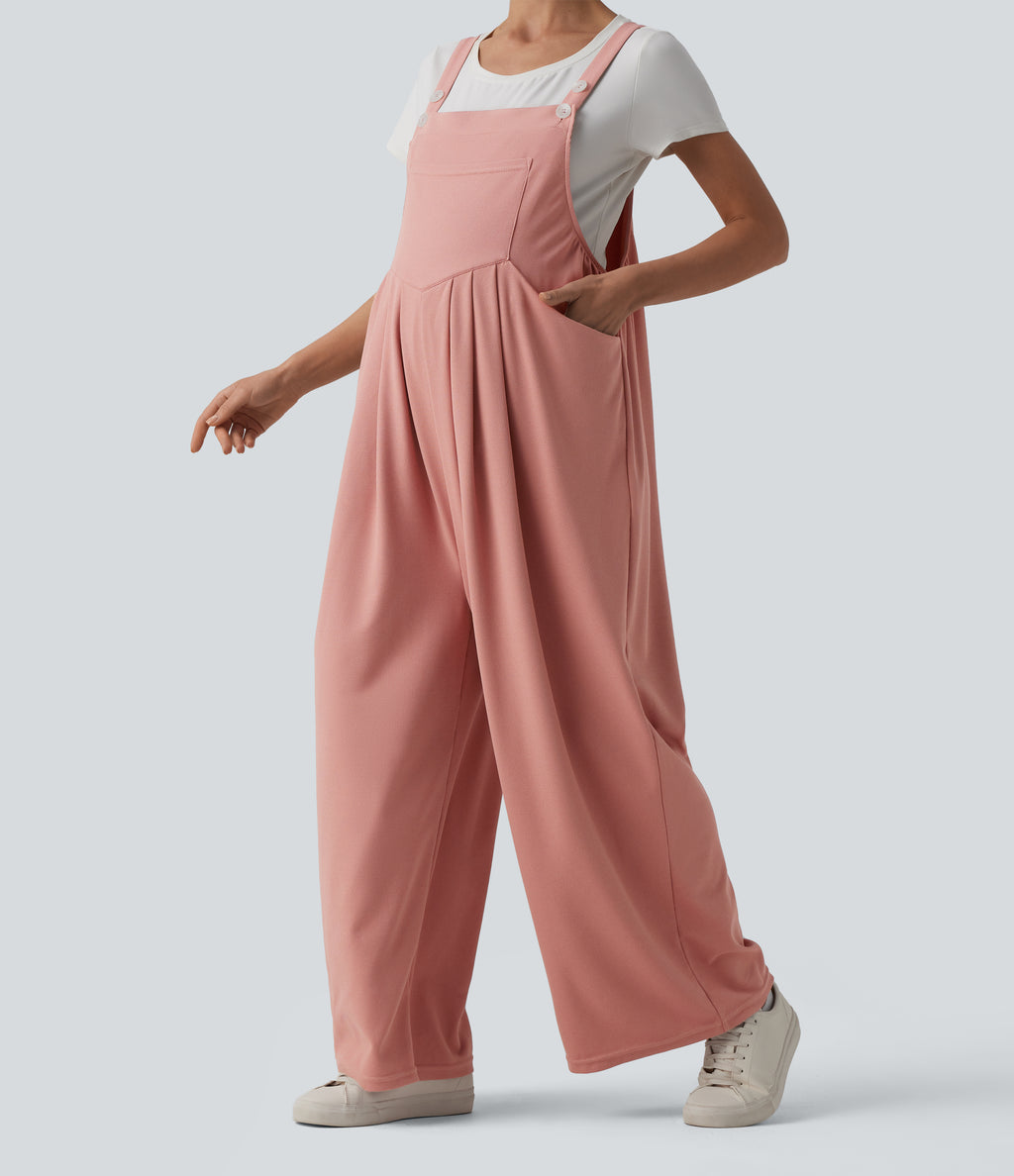 Adjustable Straps Waffle Casual Maternity Dungarees with Pockets — Rose Tan — view 3