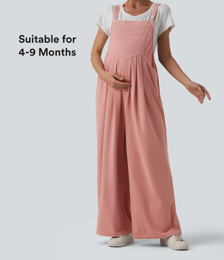 Adjustable Straps Waffle Casual Maternity Dungarees with Pockets — Rose Tan — view 1