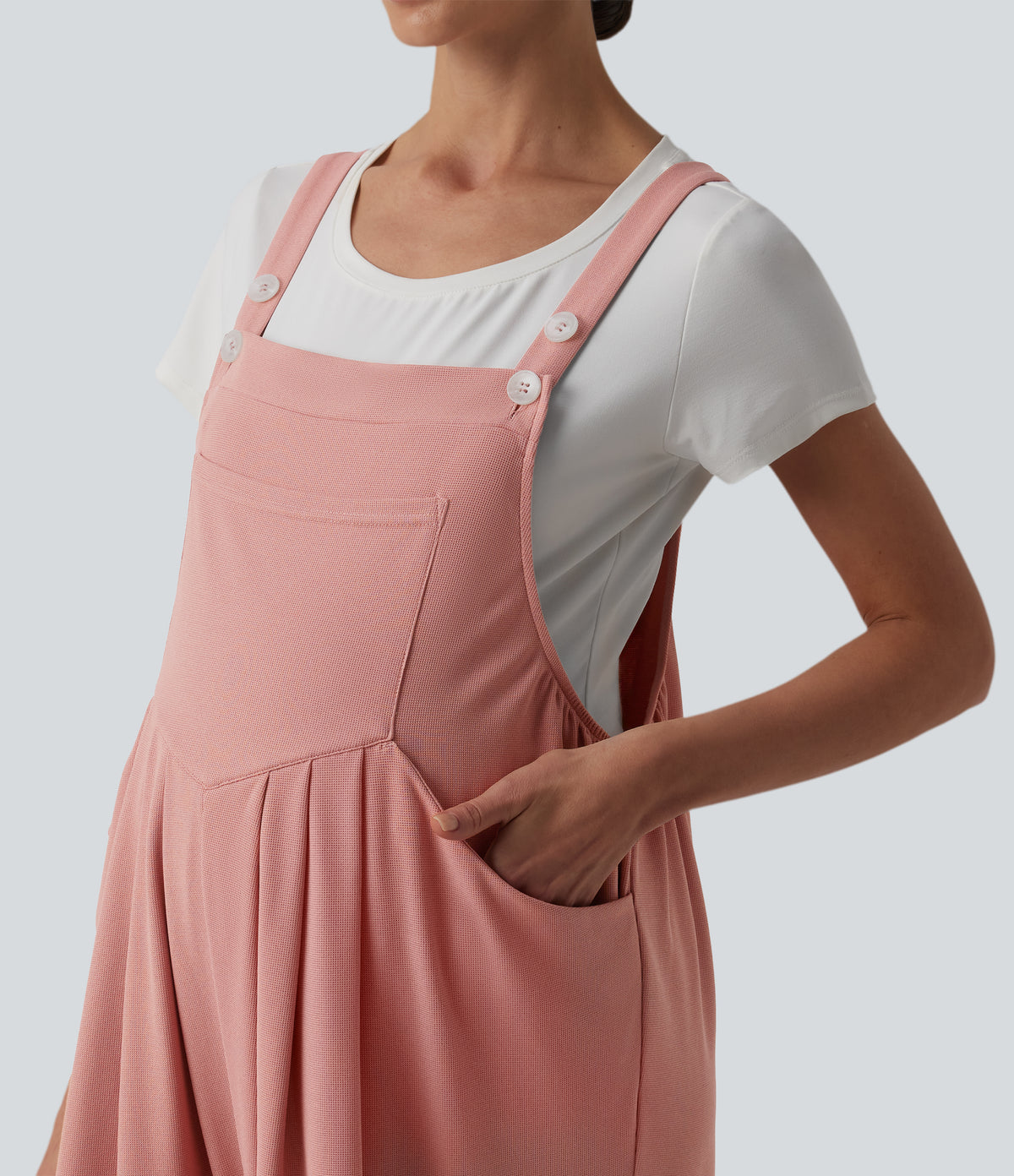 Adjustable Straps Waffle Casual Maternity Dungarees with Pockets — Rose Tan — view 5