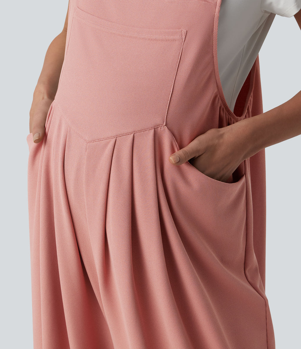 Adjustable Straps Waffle Casual Maternity Dungarees with Pockets — Rose Tan — view 4