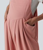 Adjustable Straps Waffle Casual Maternity Dungarees with Pockets — Rose Tan — view 4