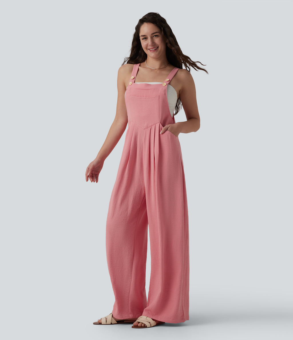 Adjustable Straps Pleated Linen-Feel Resort Dungarees with Pockets — Mauveglow — view 3
