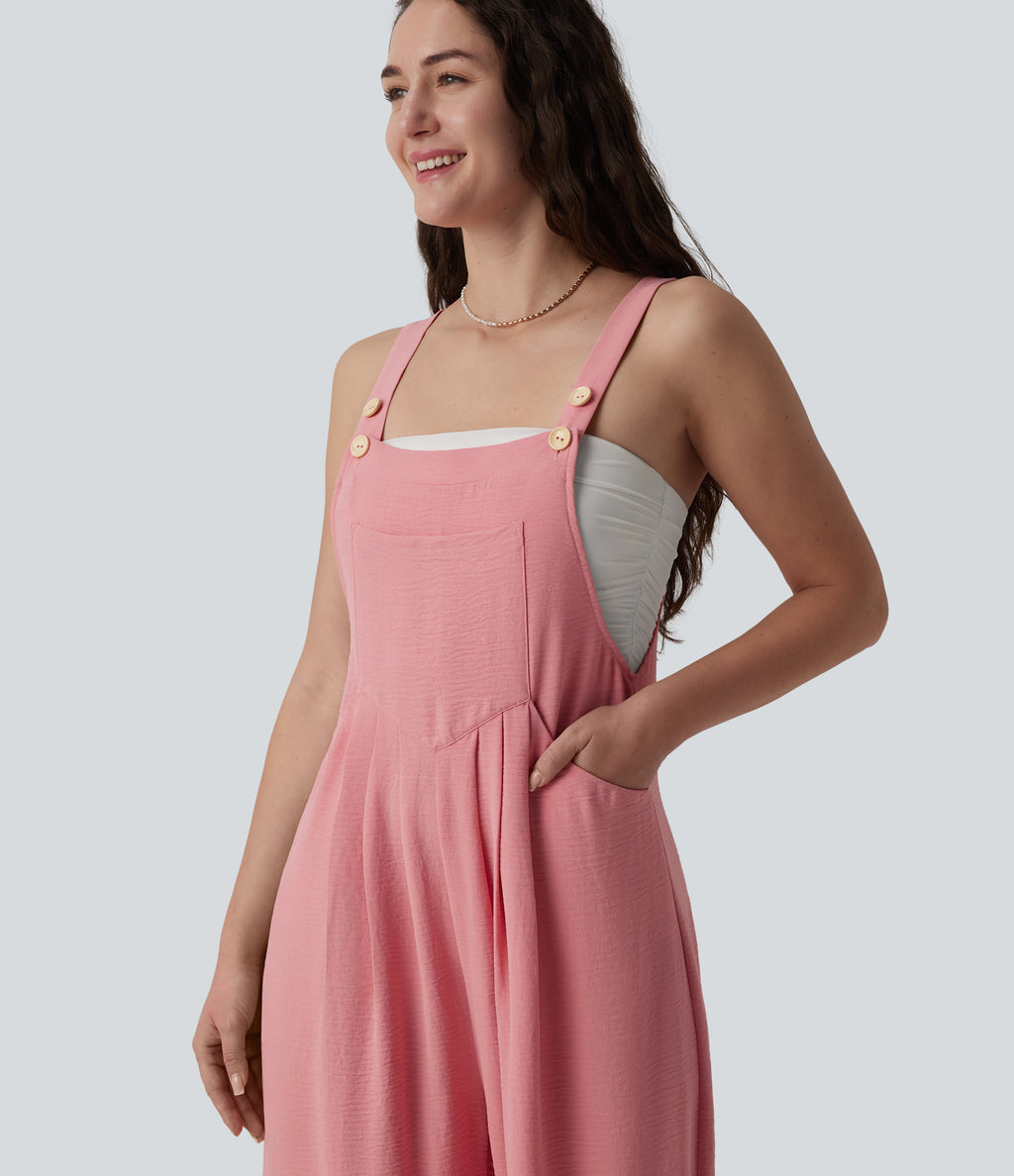 Adjustable Straps Pleated Linen-Feel Resort Dungarees with Pockets — Mauveglow — view 4