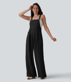 Adjustable Straps Pleated Linen-Feel Resort Dungarees with Pockets — Black — view 7