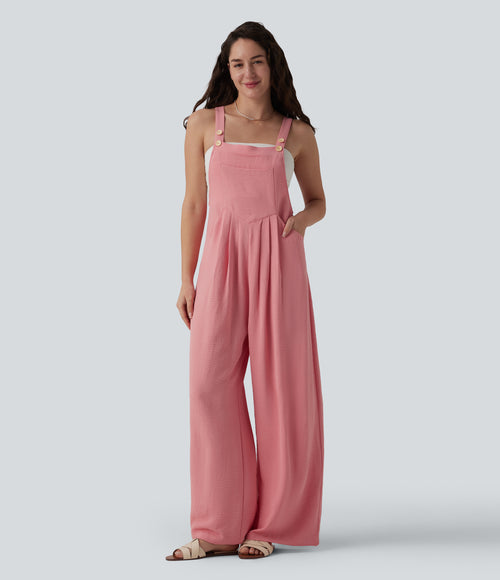 Adjustable Straps Pleated Linen-Feel Resort Dungarees with Pockets — Mauveglow — view 1