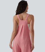 Adjustable Straps Pleated Linen-Feel Resort Dungarees with Pockets — Mauveglow — view 5