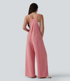 Adjustable Straps Pleated Linen-Feel Resort Dungarees with Pockets — Mauveglow — view 2