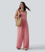 Adjustable Straps Pleated Linen-Feel Resort Dungarees with Pockets — Mauveglow — view 6