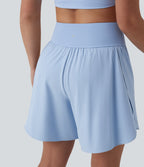 QuickDry High Waisted Tummy Control Reflective Dots Crossover Hem 2-in-1 Running Shorts 7'' with Pockets — Sky Blue — view 8