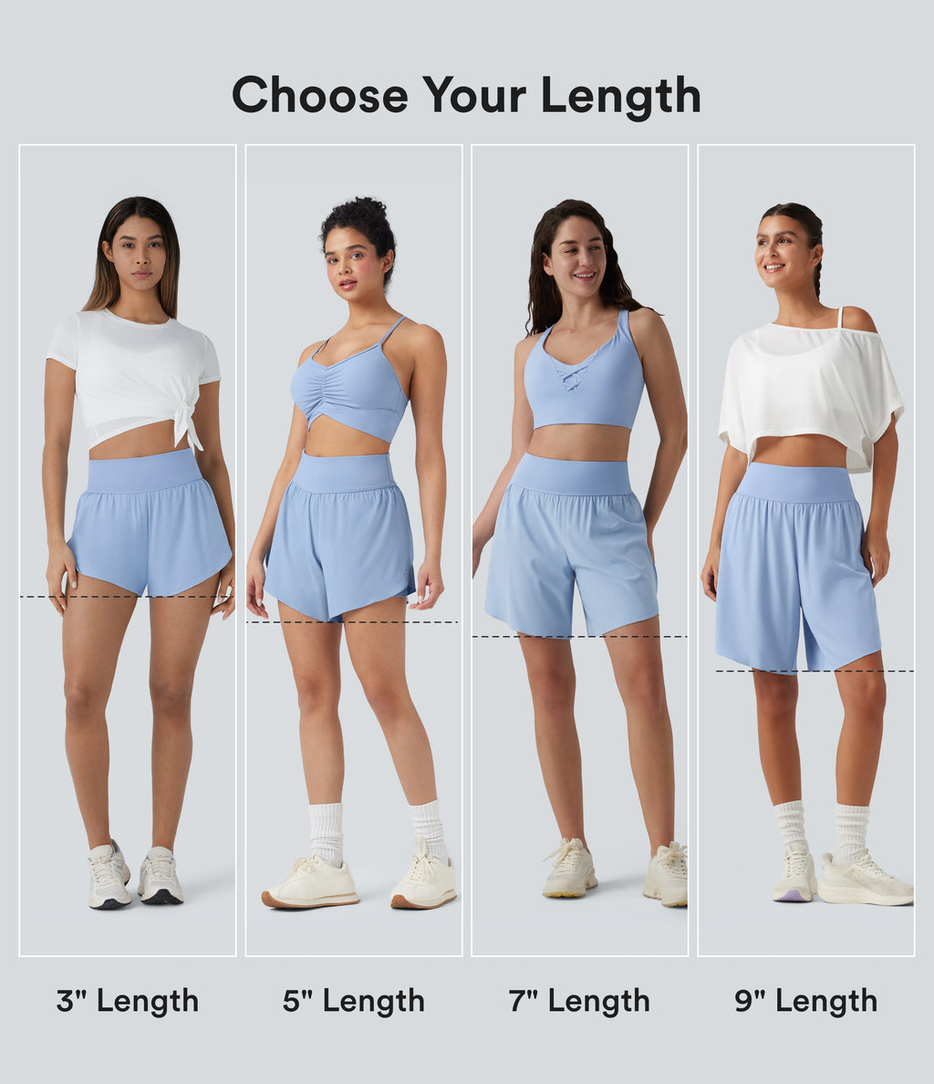 QuickDry High Waisted Tummy Control Reflective Dots Crossover Hem 2-in-1 Running Shorts 7'' with Pockets — Sky Blue — view 2