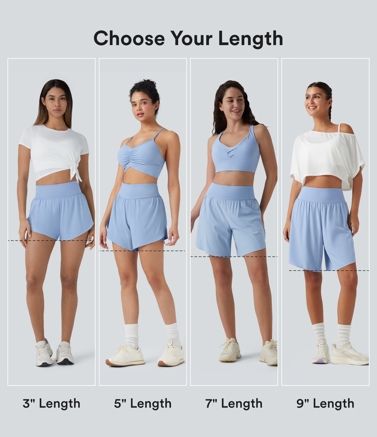 QuickDry High Waisted Tummy Control Reflective Dots Crossover Hem 2-in-1 Running Shorts 7'' with Pockets — Sky Blue — view 2