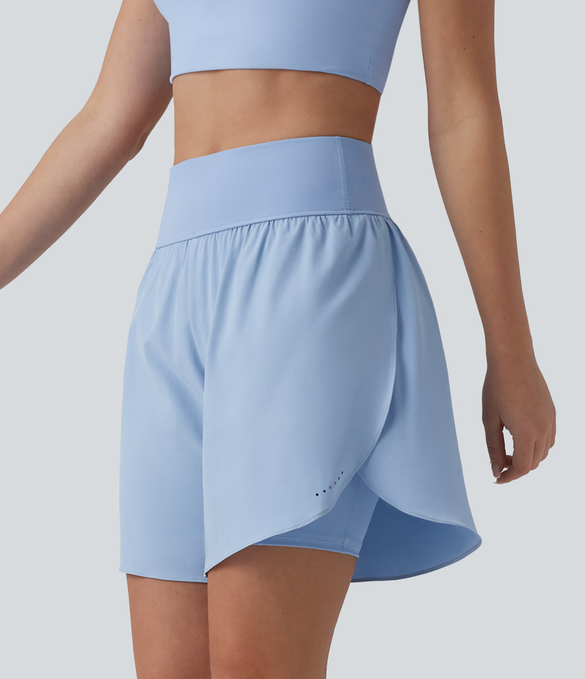 QuickDry High Waisted Tummy Control Reflective Dots Crossover Hem 2-in-1 Running Shorts 7'' with Pockets — Sky Blue — view 7
