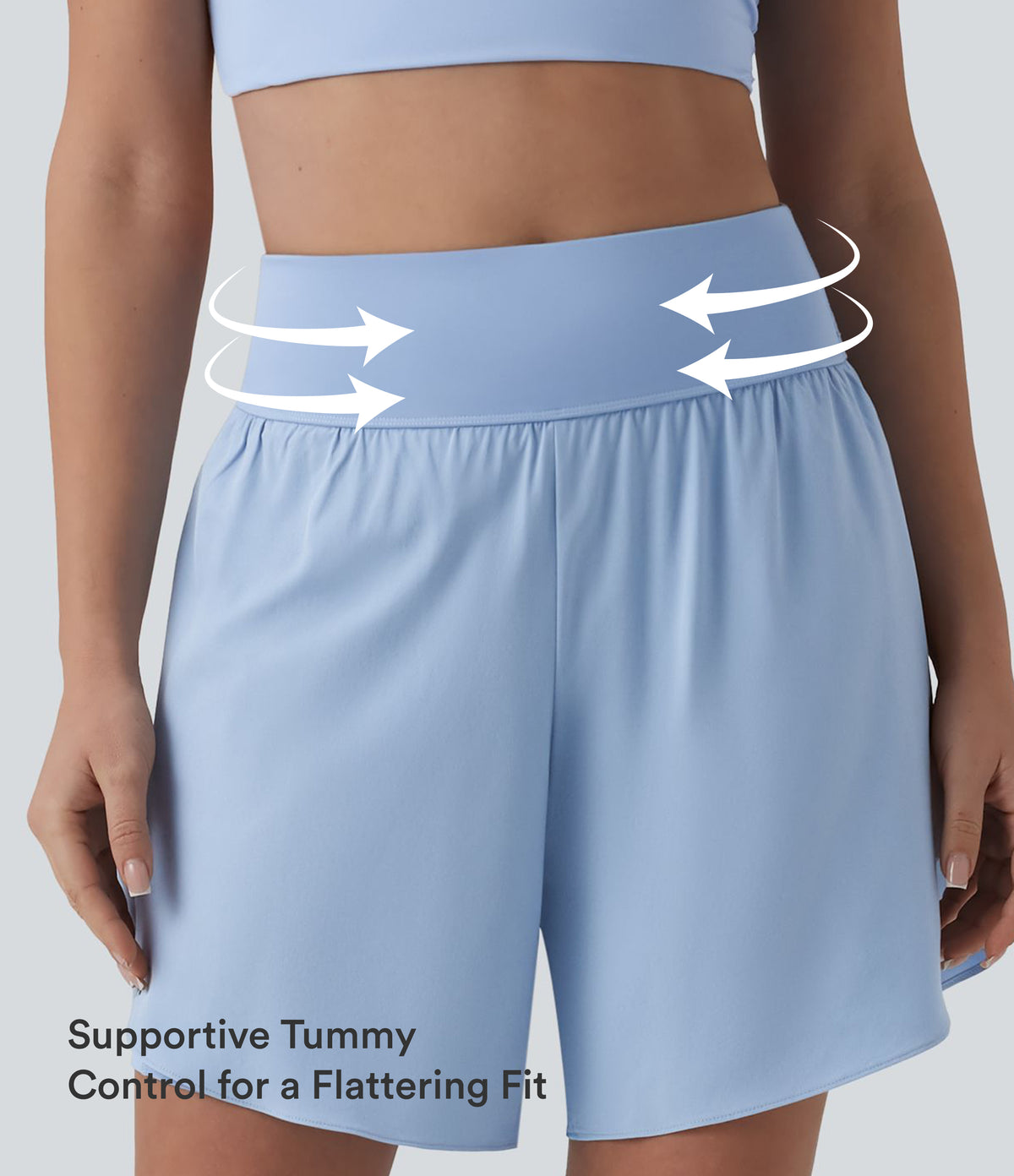 QuickDry High Waisted Tummy Control Reflective Dots Crossover Hem 2-in-1 Running Shorts 7'' with Pockets — Sky Blue — view 4