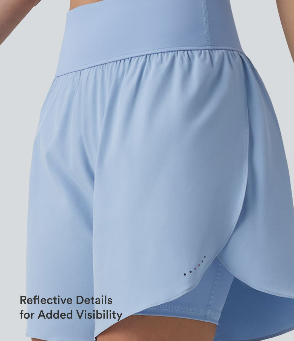 QuickDry High Waisted Tummy Control Reflective Dots Crossover Hem 2-in-1 Running Shorts 7'' with Pockets — Sky Blue — view 5
