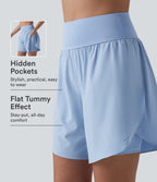 QuickDry High Waisted Tummy Control Reflective Dots Crossover Hem 2-in-1 Running Shorts 7'' with Pockets — Sky Blue — view 1