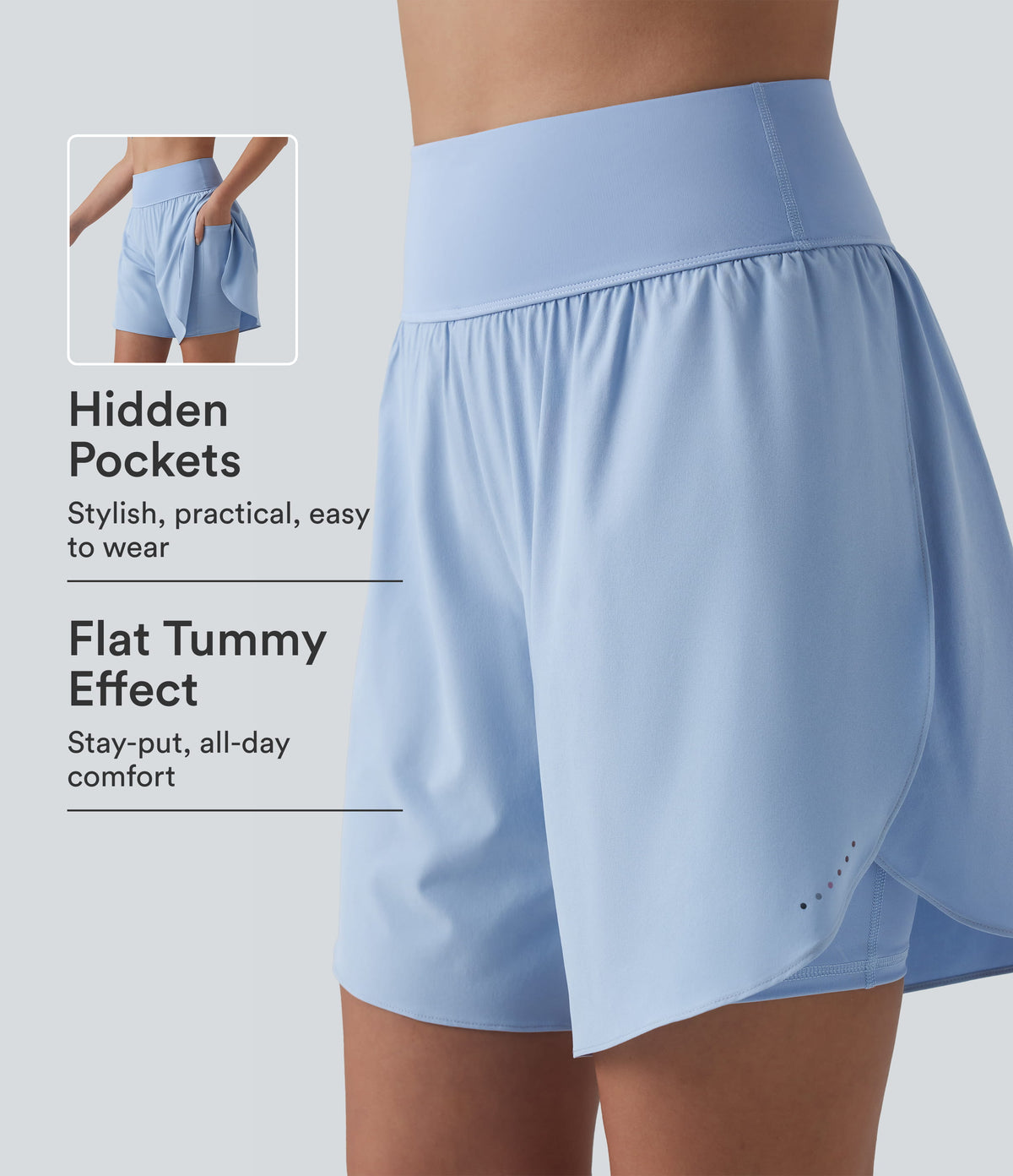 QuickDry High Waisted Tummy Control Reflective Dots Crossover Hem 2-in-1 Running Shorts 7'' with Pockets — Sky Blue — view 1