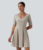 Ribbed Knit V Neck Short Sleeve Flare Mini Casual Dress — Warm Grey Floral Velvet — view 4