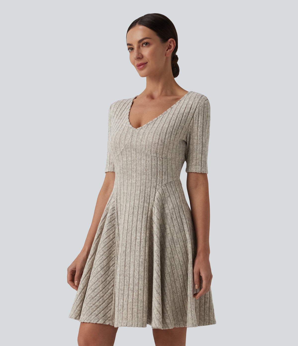 Ribbed Knit V Neck Short Sleeve Flare Mini Casual Dress — Warm Grey Floral Velvet — view 3