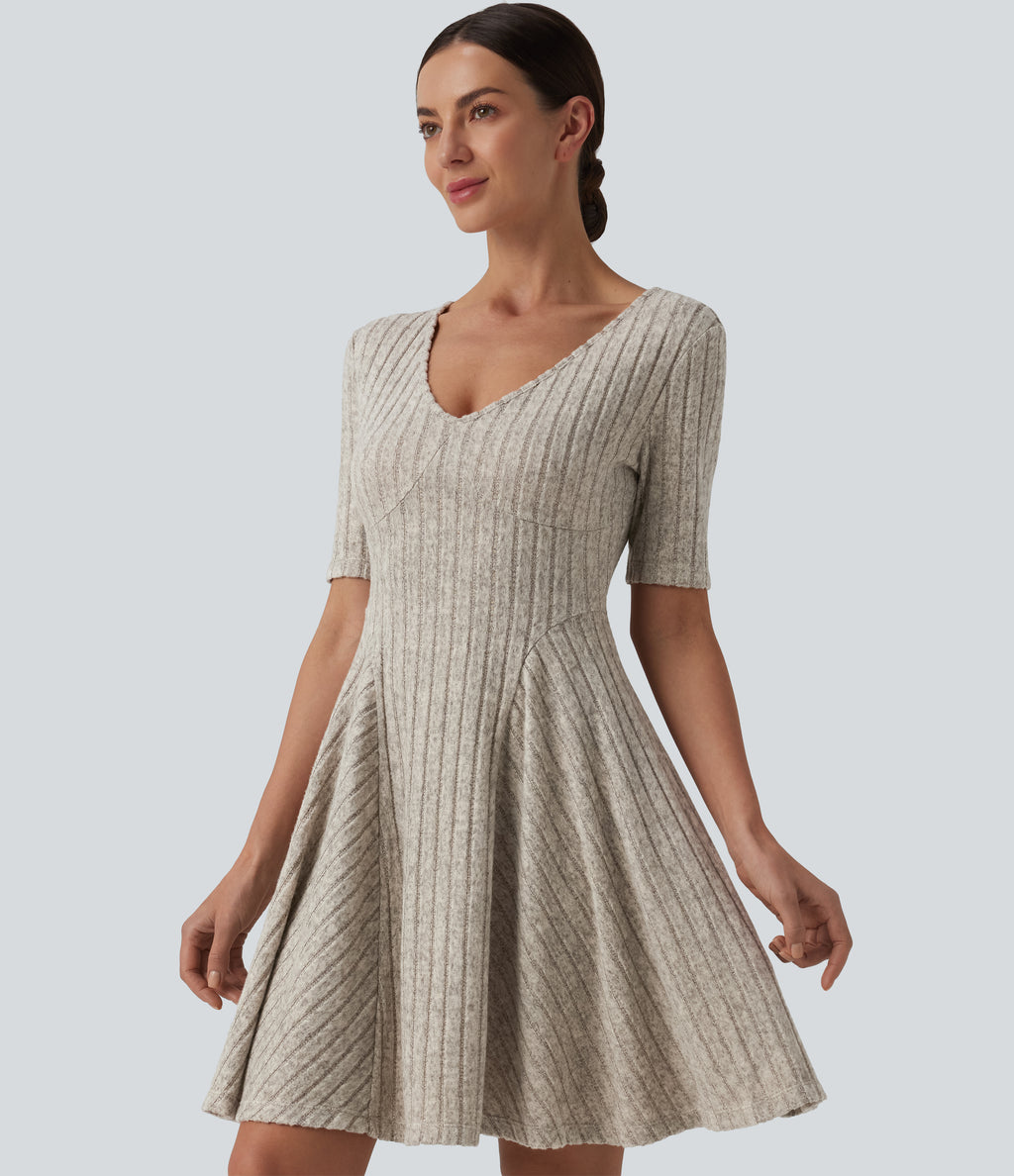 Ribbed Knit V Neck Short Sleeve Flare Mini Casual Dress — Warm Grey Floral Velvet — view 1