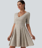 Ribbed Knit V Neck Short Sleeve Flare Mini Casual Dress — Warm Grey Floral Velvet — view 1