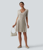 Ribbed Knit V Neck Short Sleeve Flare Mini Casual Dress — Warm Grey Floral Velvet — view 5