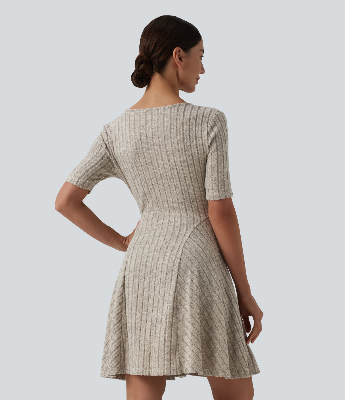 Ribbed Knit V Neck Short Sleeve Flare Mini Casual Dress — Warm Grey Floral Velvet — view 2