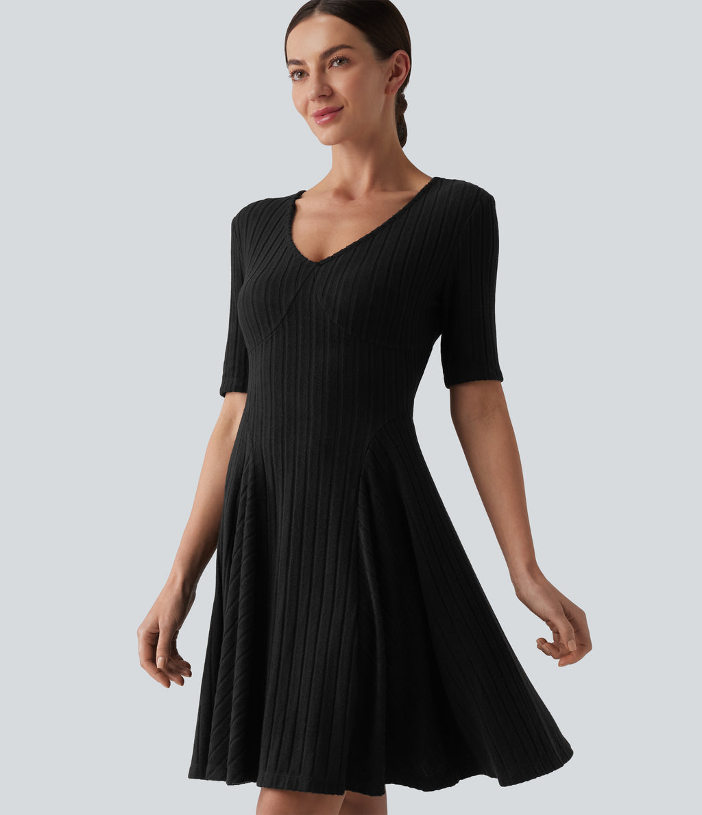 Ribbed Knit V Neck Short Sleeve Flare Mini Casual Dress — Black — view 6