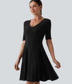 Ribbed Knit V Neck Short Sleeve Flare Mini Casual Dress — Black — view 6