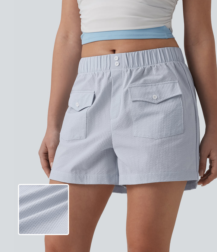 Mid Rise Quick Dry Crinkle Casual Baggy Shorts with Flap Pockets — Powder Blue Solid — view 1